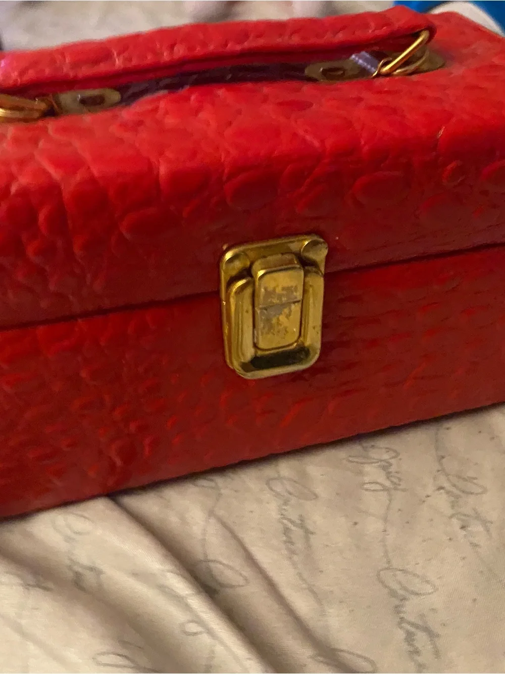 Red Textured Cosmetic Jewelry Case with Gold-Tone Clasp